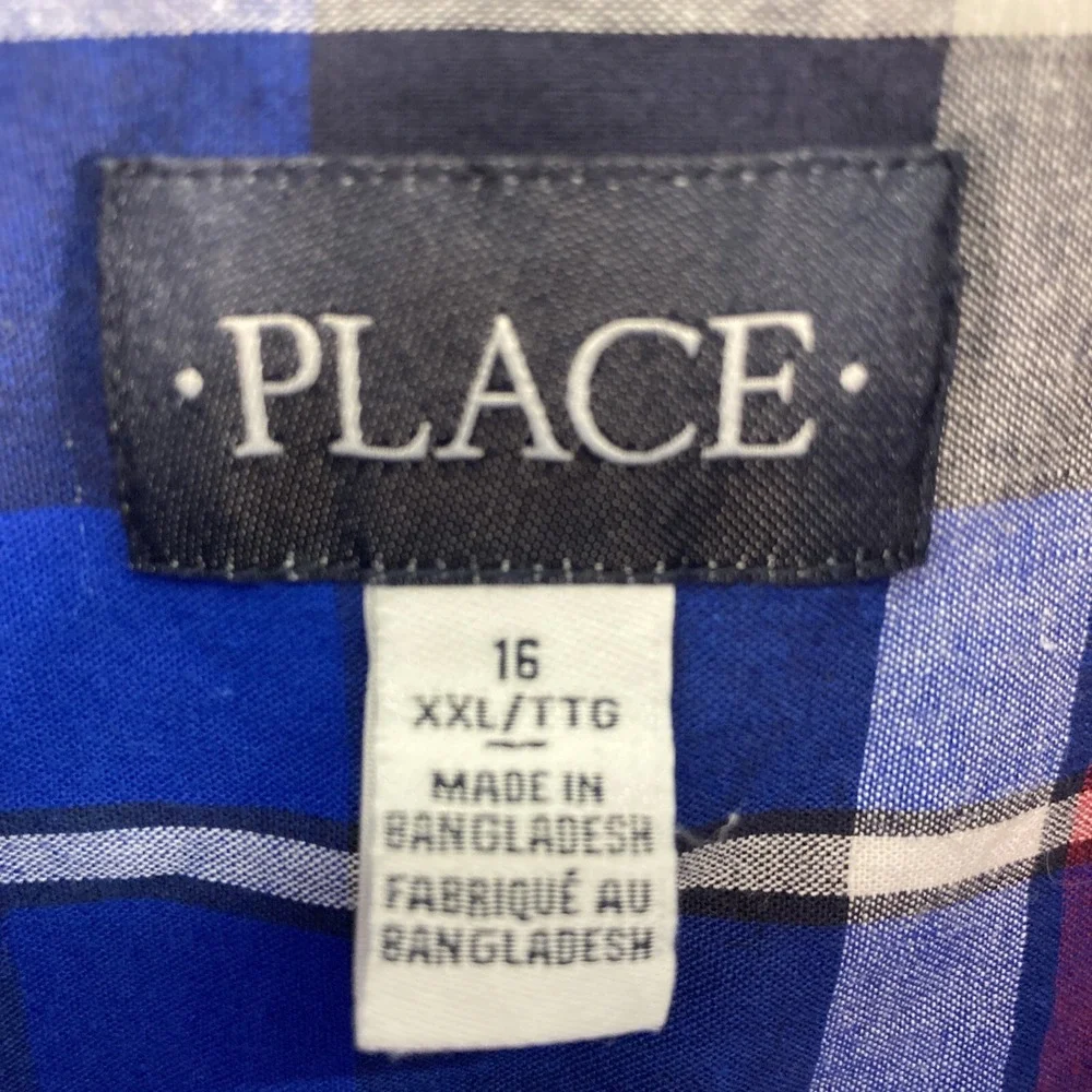 The Childrens Place Plaid Button Down Boys 16 XXL Blue Red White Cotton Shirt